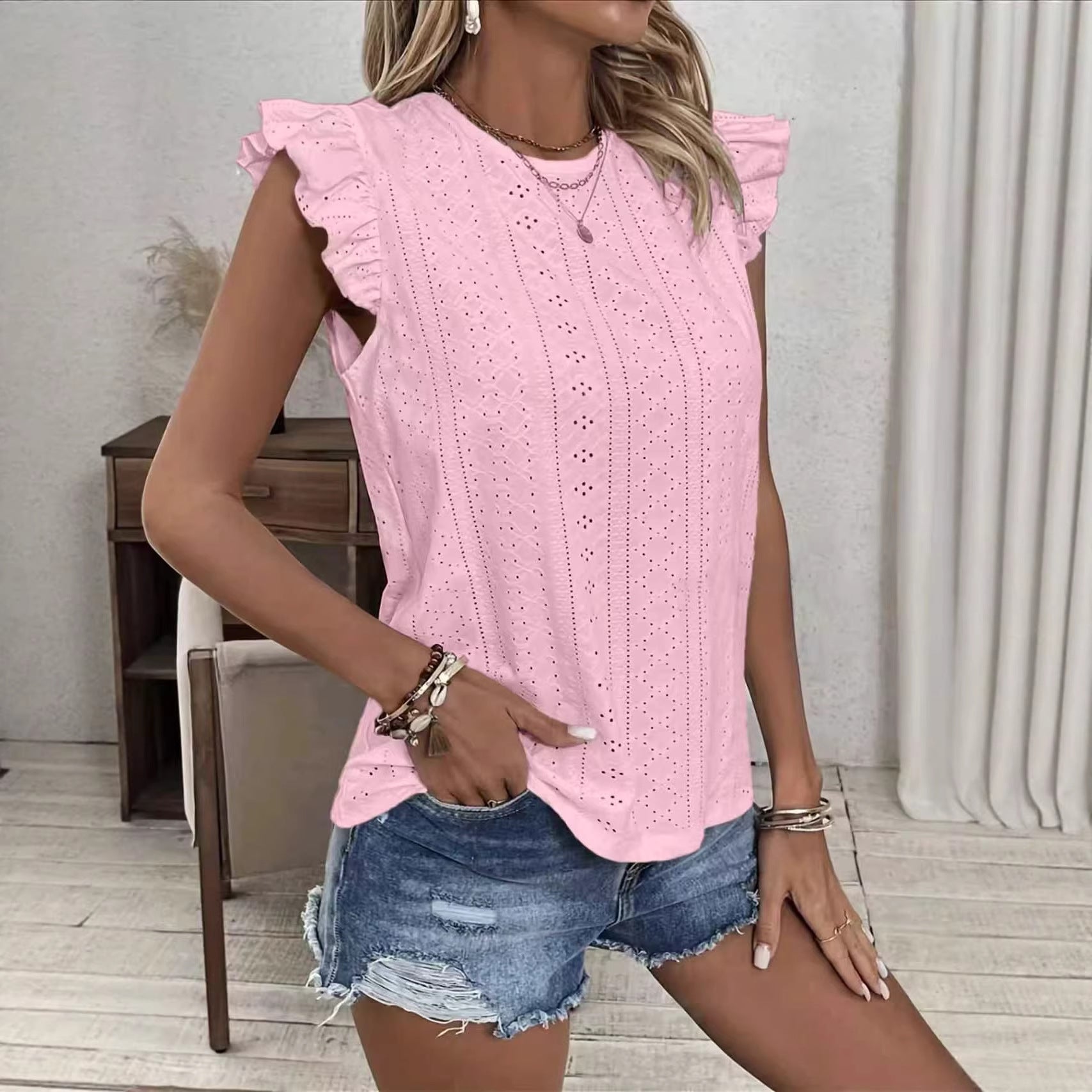 Womens Solid-Color Top With Ruffle Sleeves And Back Tie