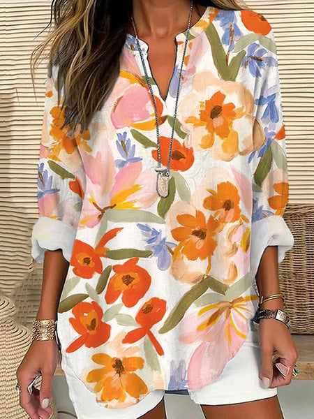 Womens Fashionable Loose Shirt With 3D Floral Print And V-Neck
