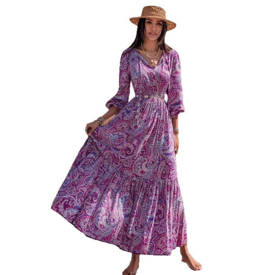 Womens Printed V Neck Drawstring Waist Dress