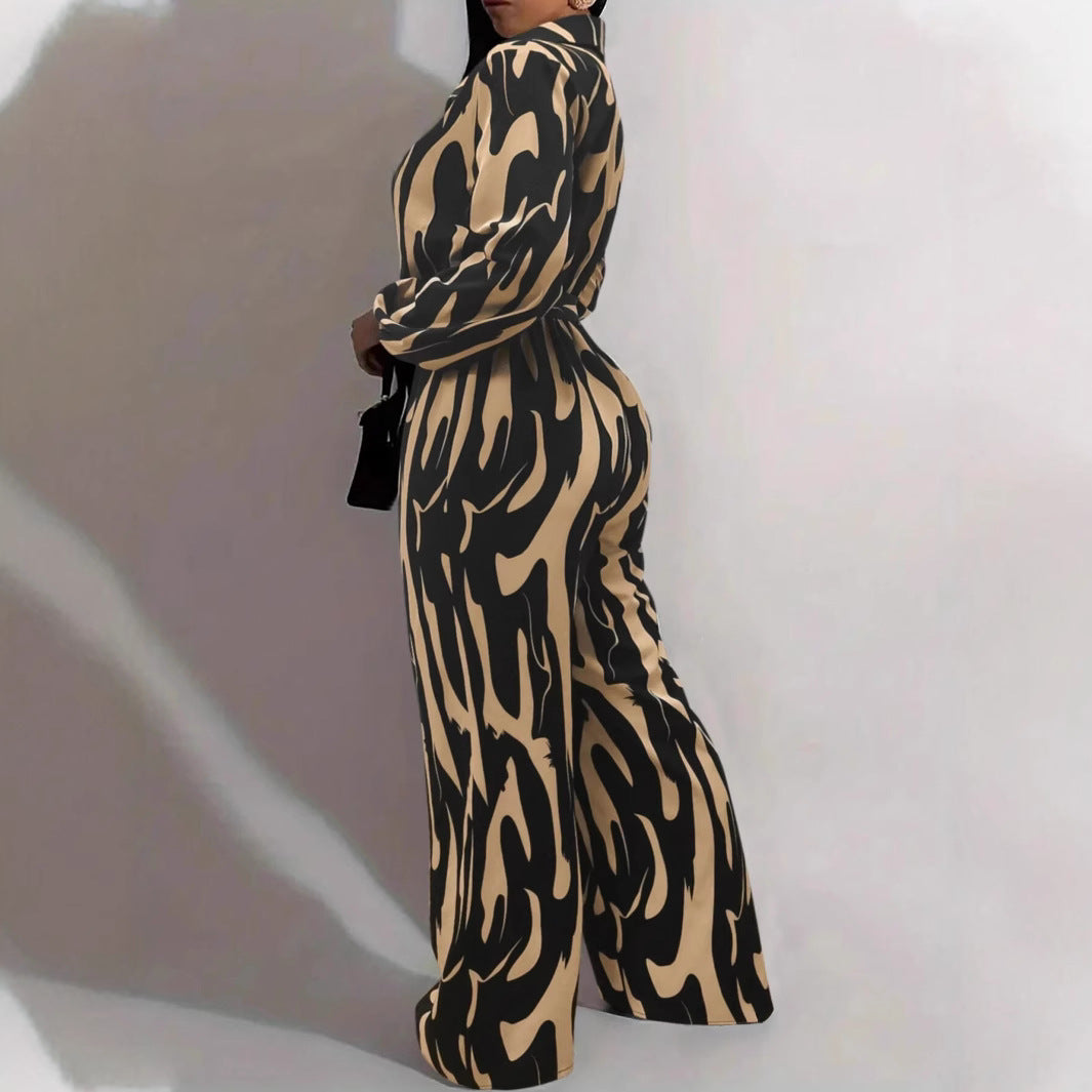 Womens Stylish Wide-leg Jumpsuit With Long Sleeves Floral Print And A Fitted Waist