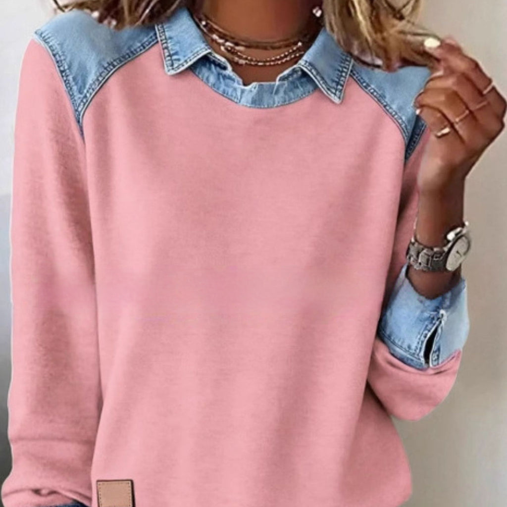 Women's Loose-fitting Long-sleeved Color-blocked Denim Collar Sweatshirt