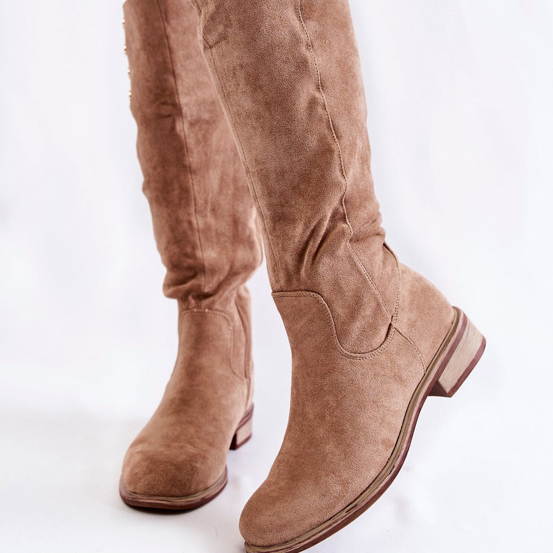 Comfortable Low-heeled Round-toe Solid-color Suede Over-the-knee Boots