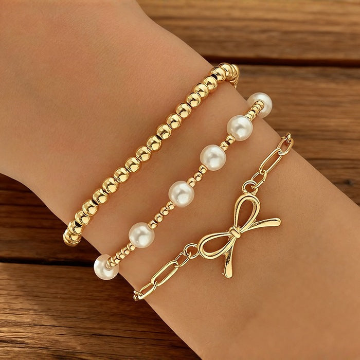 New European And American-style Trendy Vintage Instagram-inspired Faux Pearl Chain Bow Hand Accessory