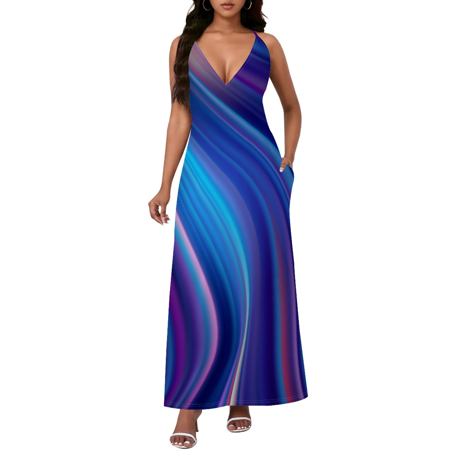 Bold Colorful Patterned Loose-fitting Sexy Backless Slip Dress