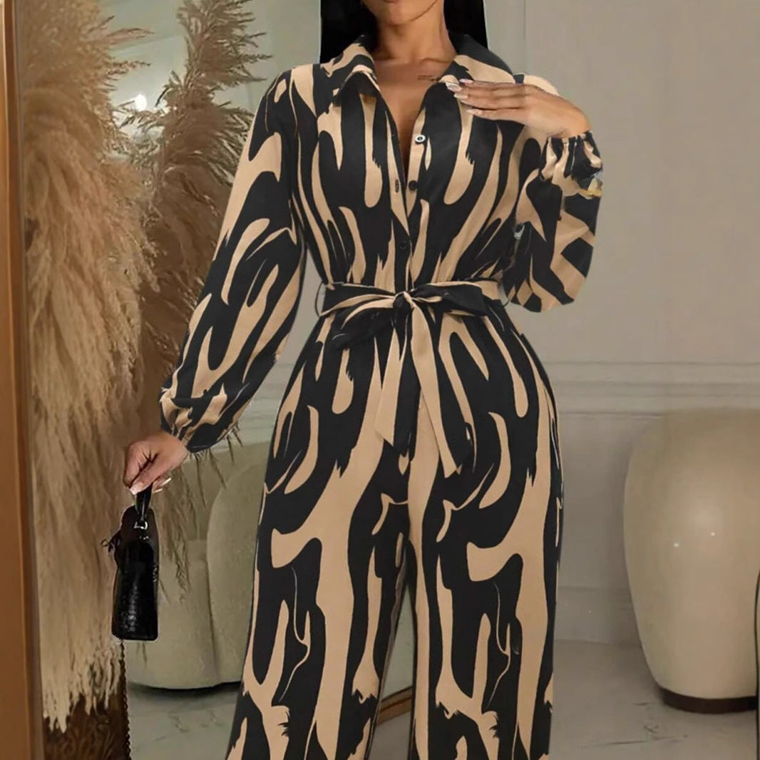 Womens Stylish Wide-leg Jumpsuit With Long Sleeves Floral Print And A Fitted Waist