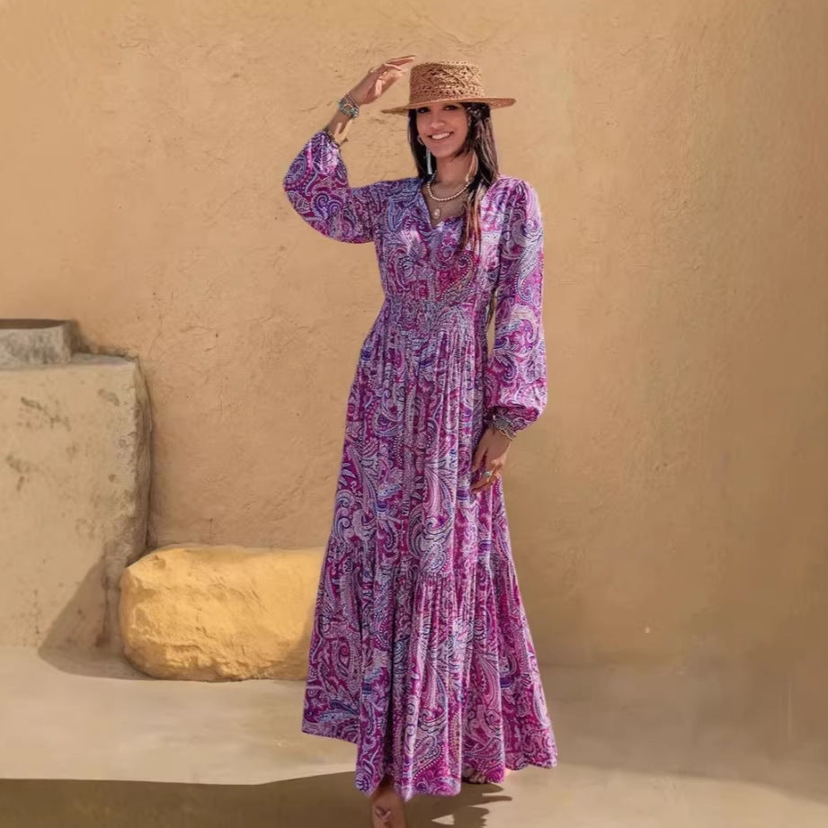 Womens Printed V Neck Drawstring Waist Dress