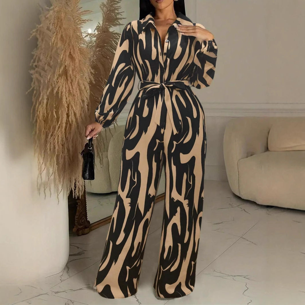 Womens Stylish Wide-leg Jumpsuit With Long Sleeves Floral Print And A Fitted Waist