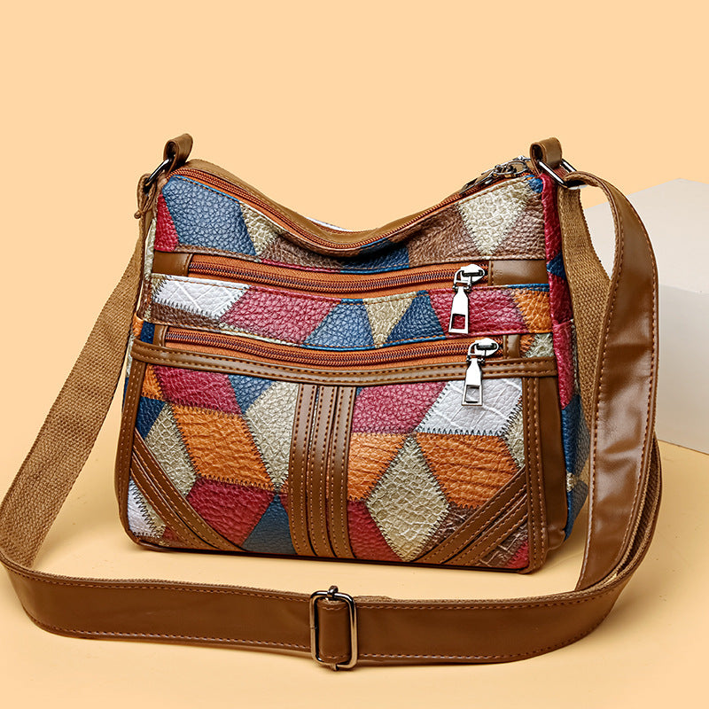 Womens Fashionable Multi-Layer Crossbody Bag With Color-Block Patchwork
