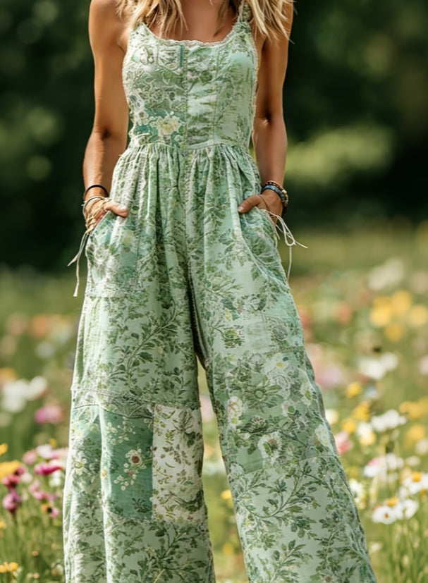 Women's American Retro Print Strappy Wide-Leg Jumpsuit