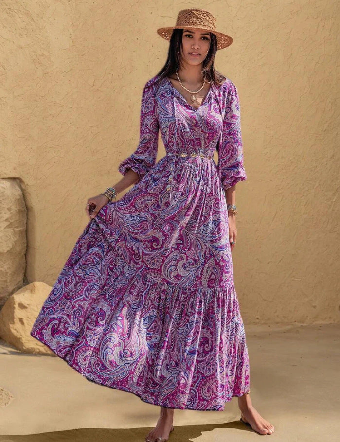 Womens Printed V Neck Drawstring Waist Dress