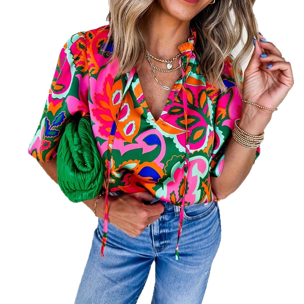 Womens Breathable V-Neck Printed Casual Shirt For Summer Workouts