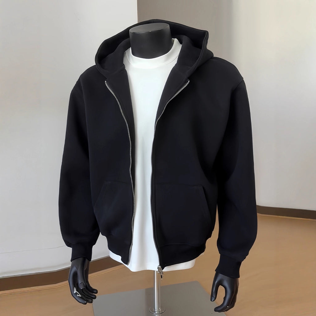 Mens Solid-Color Cardigan Hoodie With Double-Zipper Closure