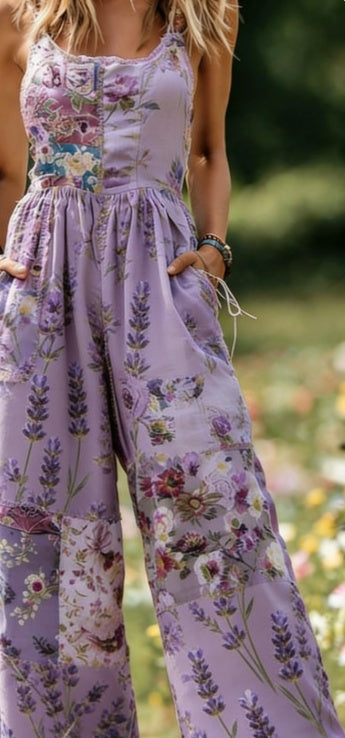 Women's American Retro Print Strappy Wide-Leg Jumpsuit