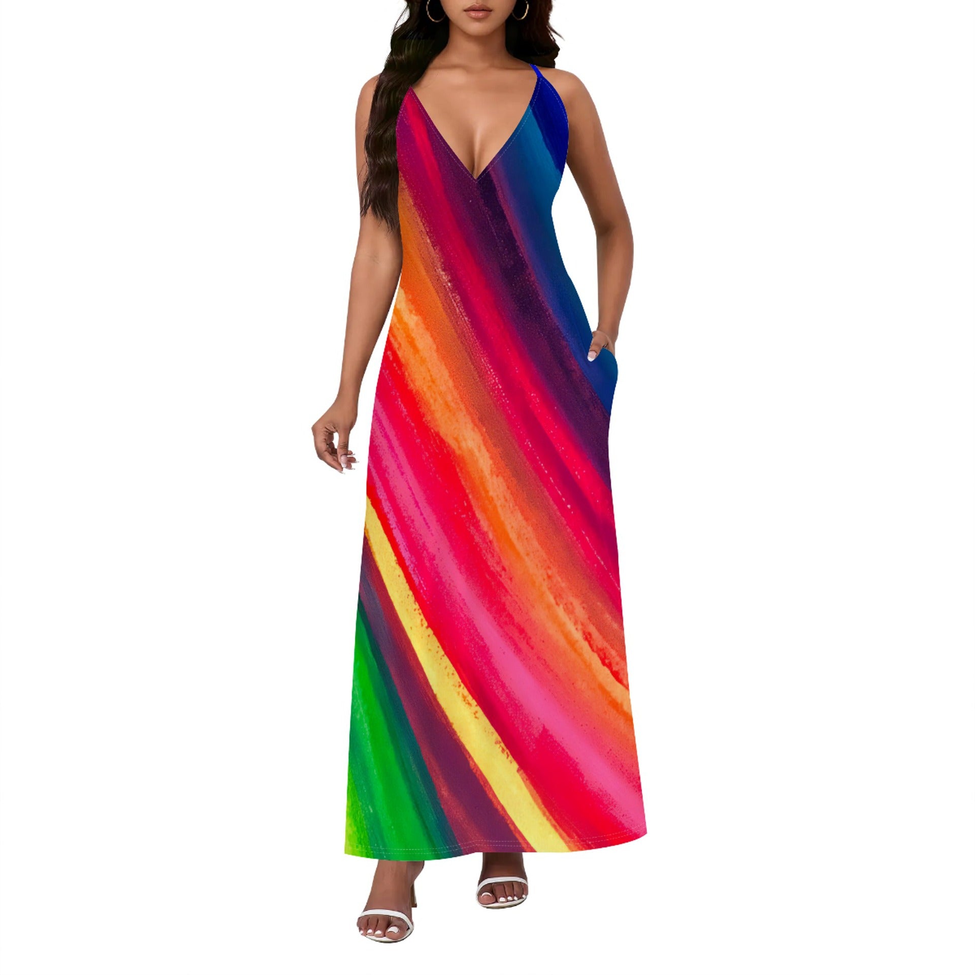 Bold Colorful Patterned Loose-fitting Sexy Backless Slip Dress