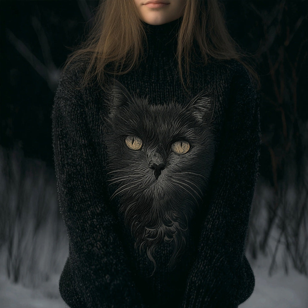 Womens Autumn High-Neck Sweater Retro Print American Streetwear Brand Loose-Fit Sweater