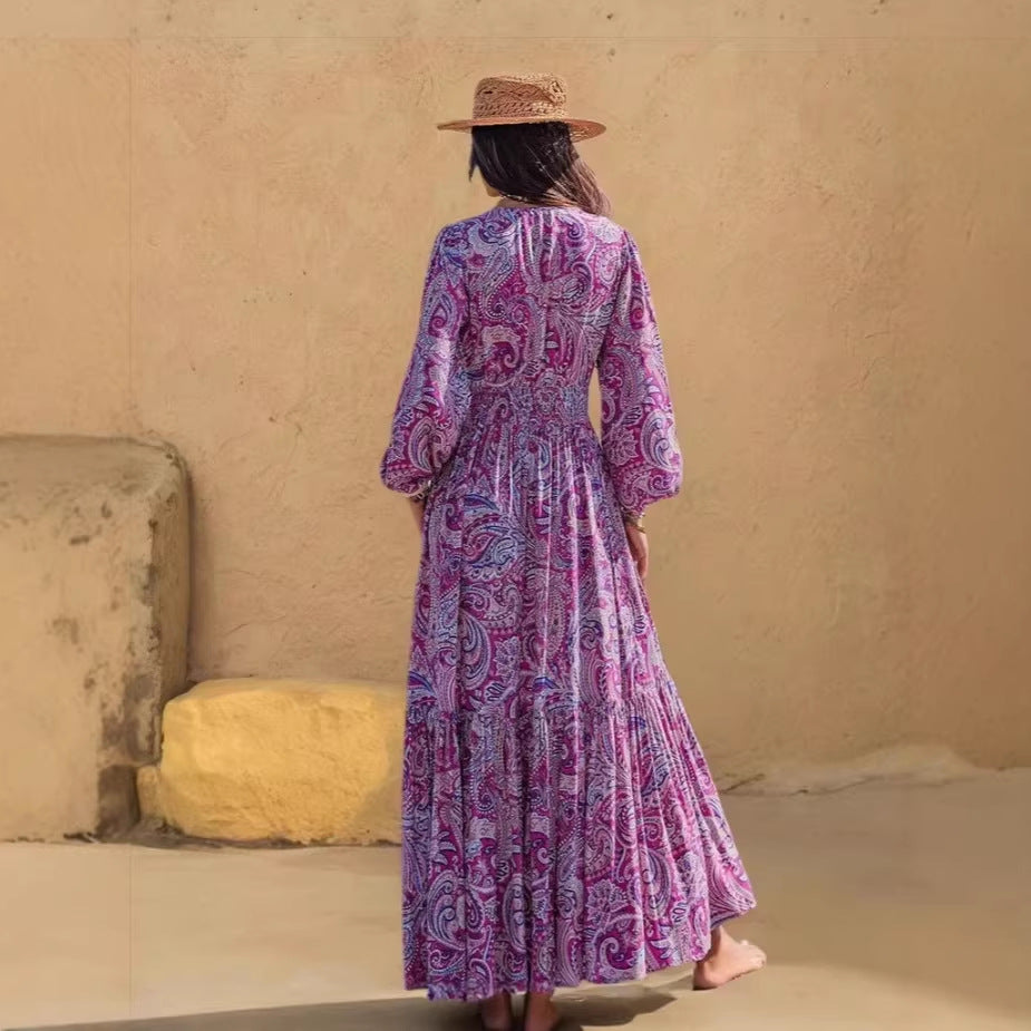 Womens Printed V Neck Drawstring Waist Dress