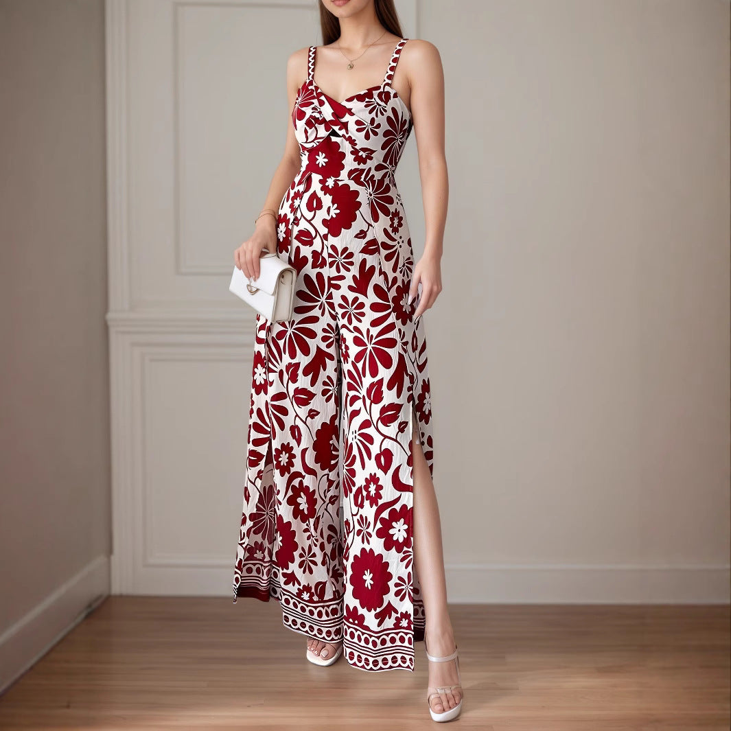 Elegant Womens Floral Print Wrap-Style Jumpsuit With Straps