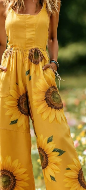 Women's American Retro Print Strappy Wide-Leg Jumpsuit