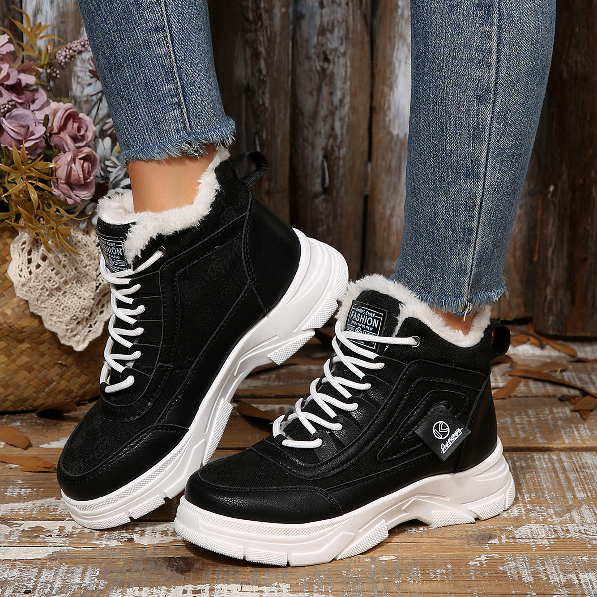 High-top Fleece-lined Dr Martens-style Winter Warm Cotton Shoes Thick-soled Versatile Snow Boots In Plus Sizes