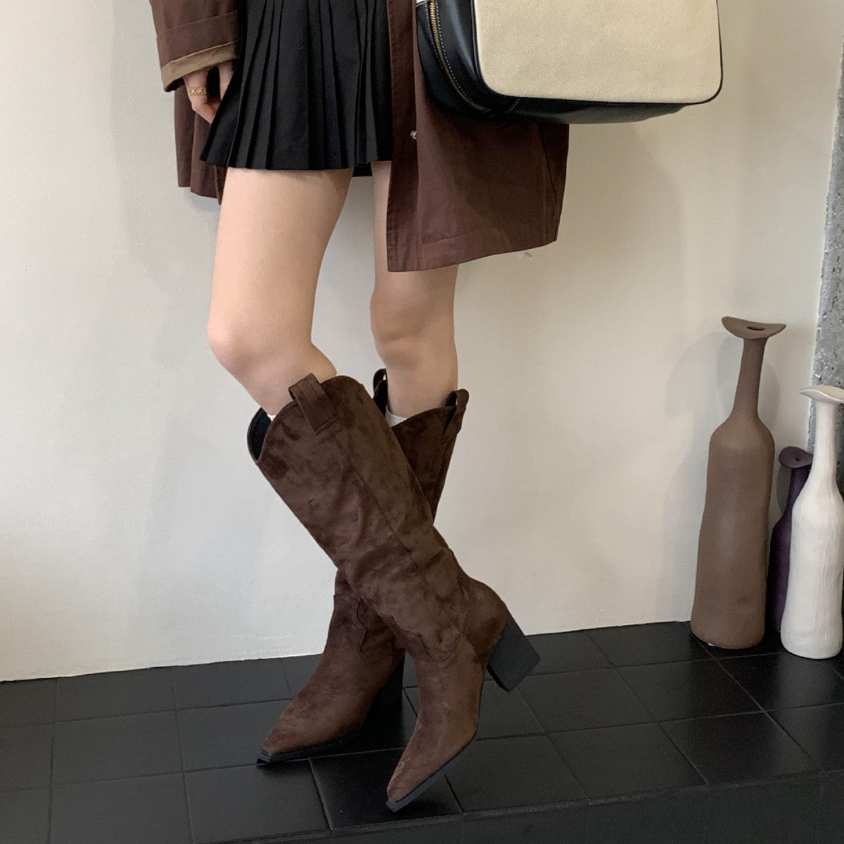 French-style Vintage Coffee-colored Western Cowboy Boots