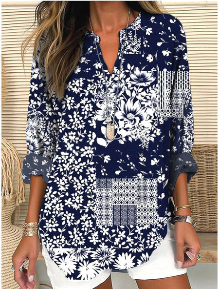 Womens Fashionable Loose Shirt With 3D Floral Print And V-Neck