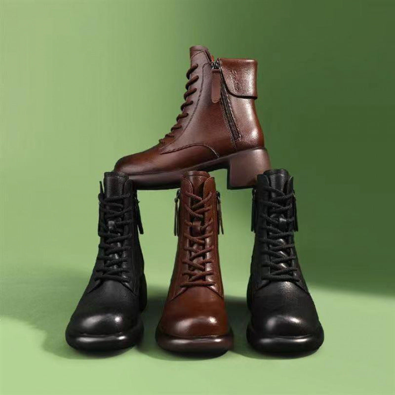 Womens Autumn Chunky-Soled Fashionable All-Match Vintage Leather Boots
